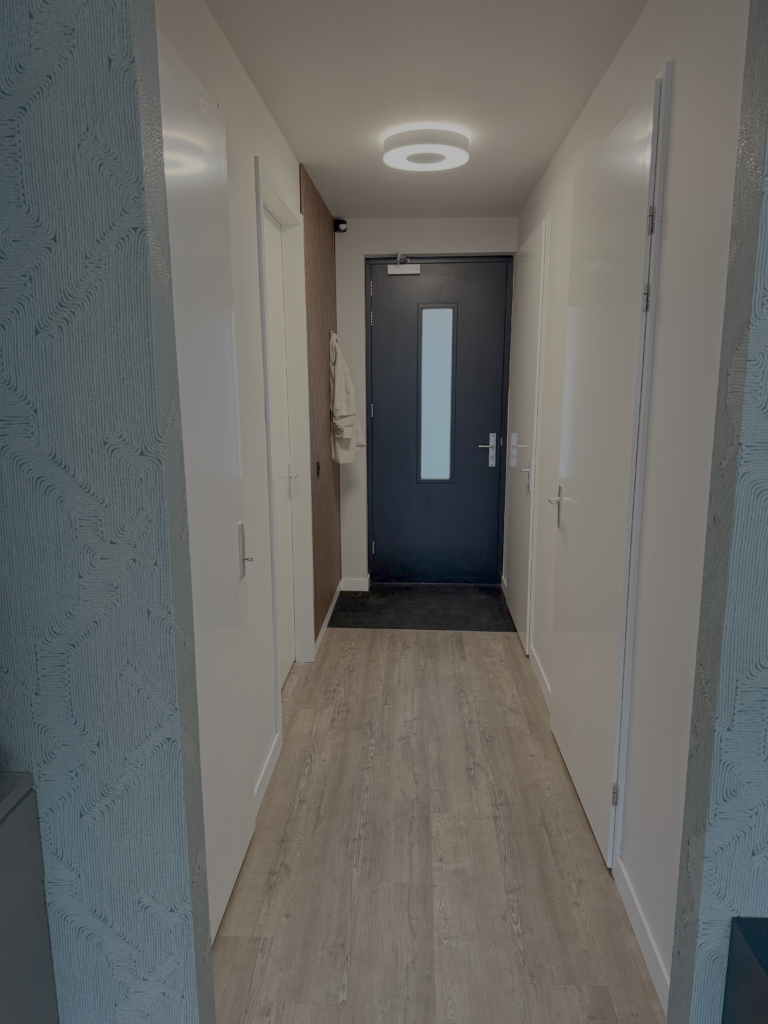 Hal met structuurbehang en houten akoestische panelen
