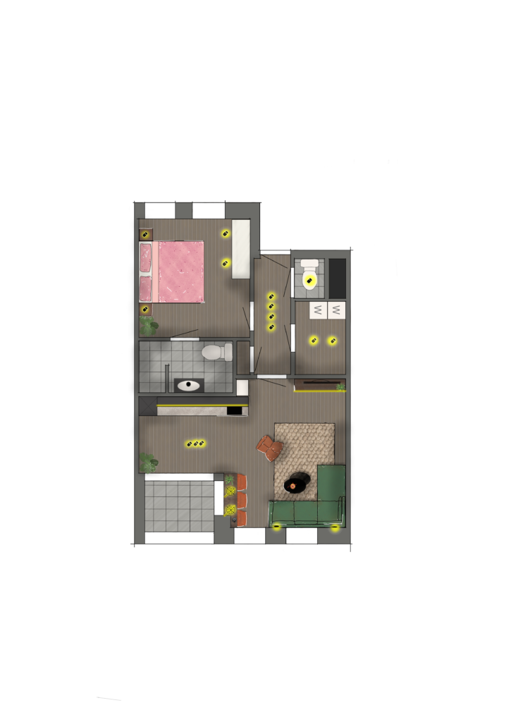 Ontwerp in kleur getekend op de iPad. Plattegrond interieurontwerp nieuwbouwappartement Zundert